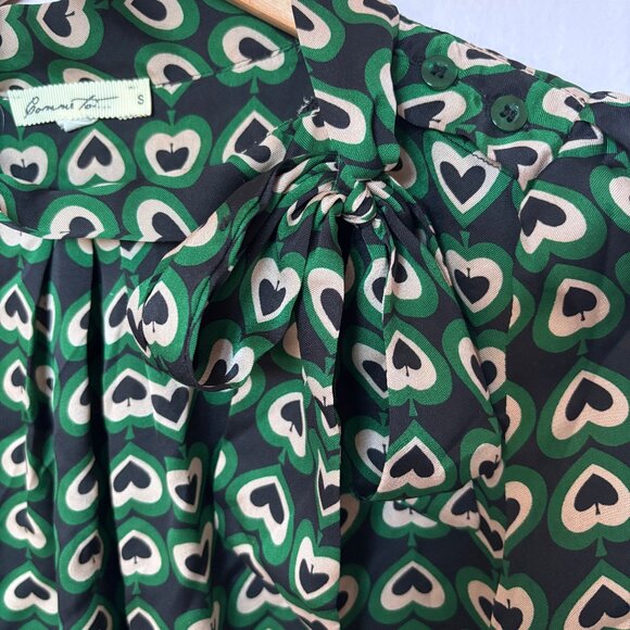 Comme Toi Green Spades/Hearts Print Blouse with Neck Bow - Picture 3 of 8